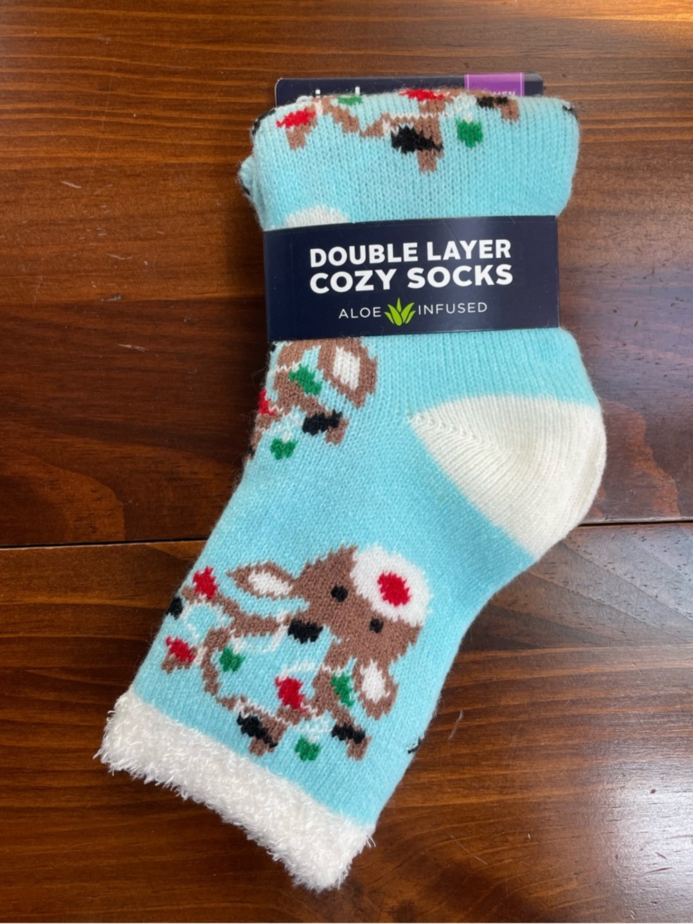 New Double Layer Aloe Infused Cozy Socks - Light Blue Reindeer Holiday Design